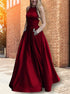 A Line Halter Beading Open Back Satin Prom Dresses with Pockets LBQ3458